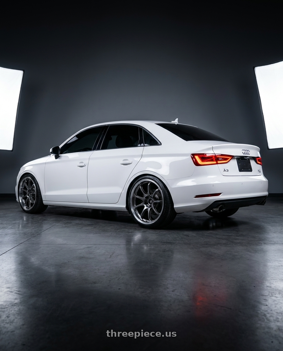 2015 Audi A3 Quattro with Advan Racing RS-DF Progressive 5x112 19x9.5+29 Machining and Racing Hyper Black wheels rear three quarter view slight stretch tires