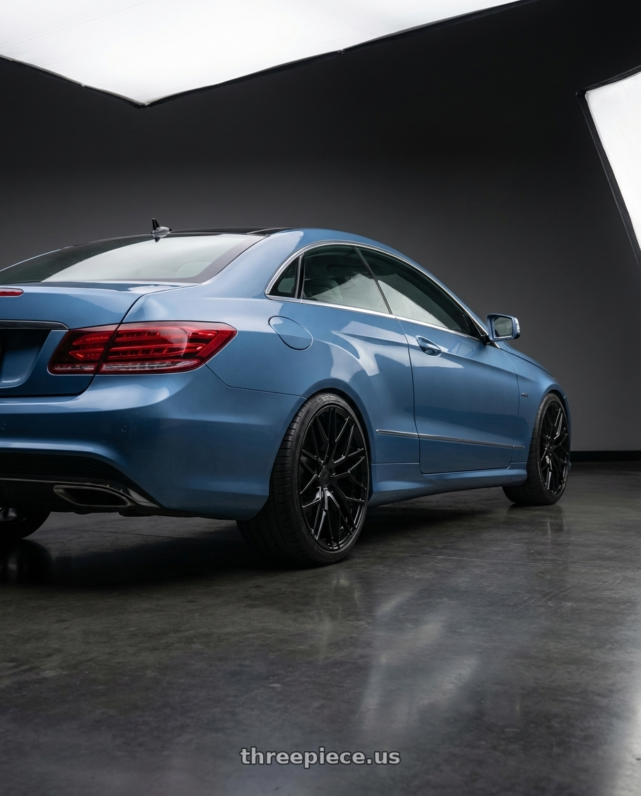 2014 Mercedes-Benz E-Class Coupe C207 with Avant Garde Wheels M520R 5X112 19x8.5 +35 Gloss Black wheels rear three quarter view square tires
