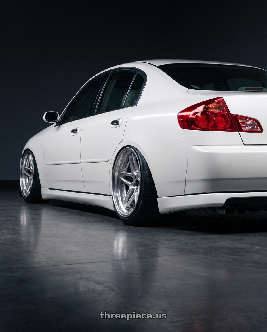 2004 G35 sedan with Heritage Wheel EBISU MonoC 5x114.3 18x11+6 Silver wheels rear three quarter view extreme stretch tires