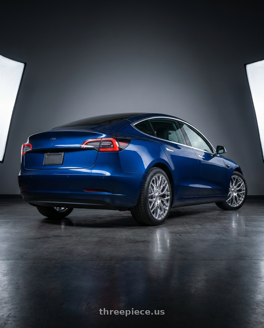 2018 Tesla Model 3 Long with TOUREN TR76 3276 5x114.3 18x8 +35 CHROME wheels rear three quarter view square tires