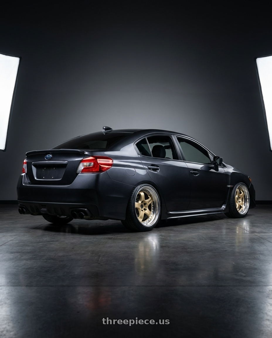 2016 Subaru WRX Dark Grey with Work Meister S1 3P 5x100 19x13.5-28 O Disk Bright Buff Finish wheels rear three quarter view slight stretch tires