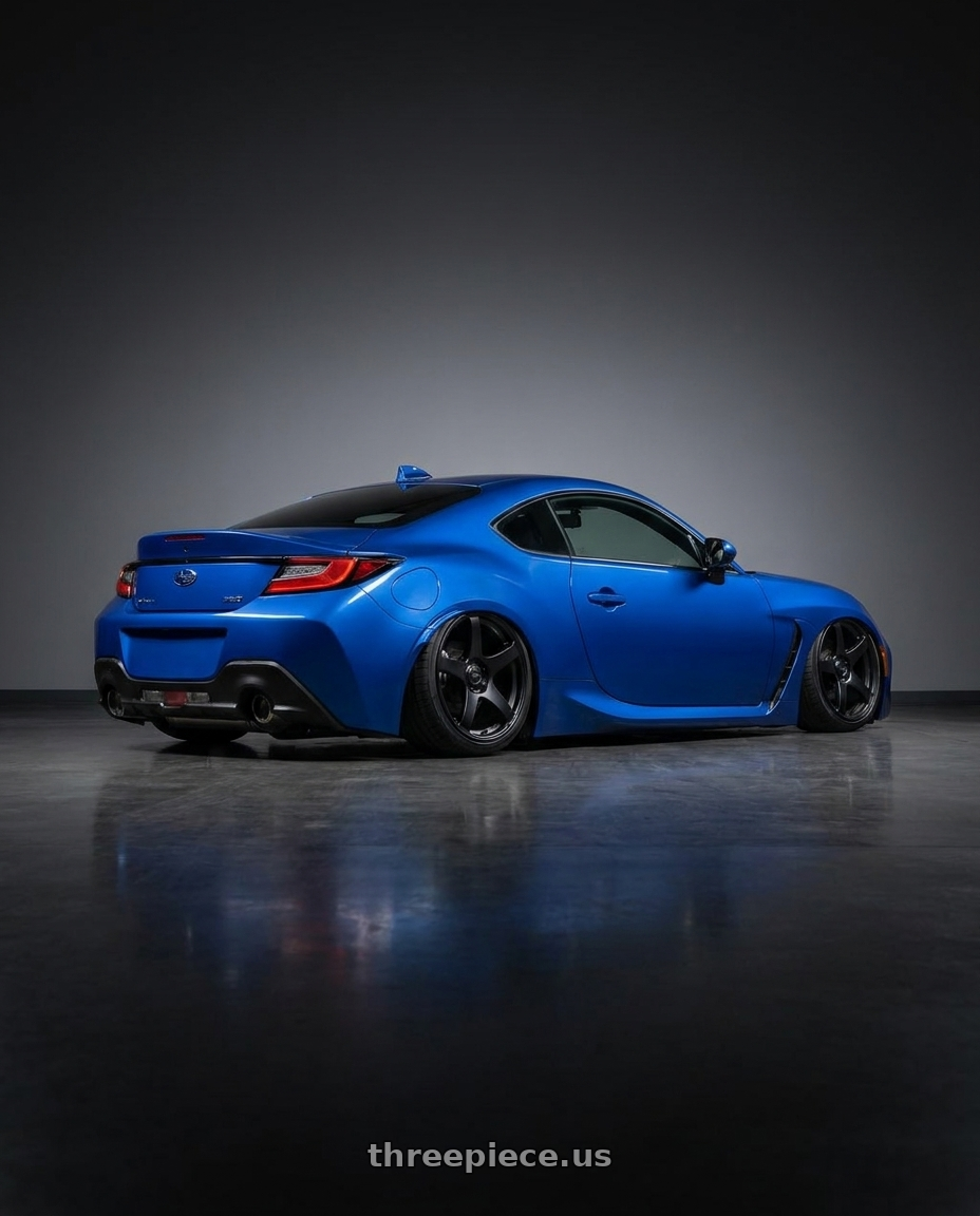 2024 Subaru BRZ with Ssr Gtv01 5x114.3 18x8+35  FLAT BLACK wheels rear three quarter view slight stretch tires