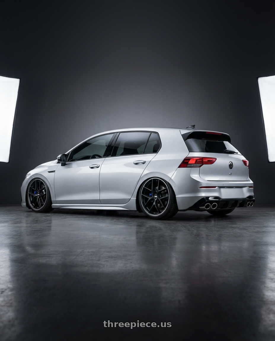 2024 Volkswagen Golf R MK8 with BBS CC-R 5x112 19x9.5+42 Satin Black wheels rear three quarter view slight stretch tires