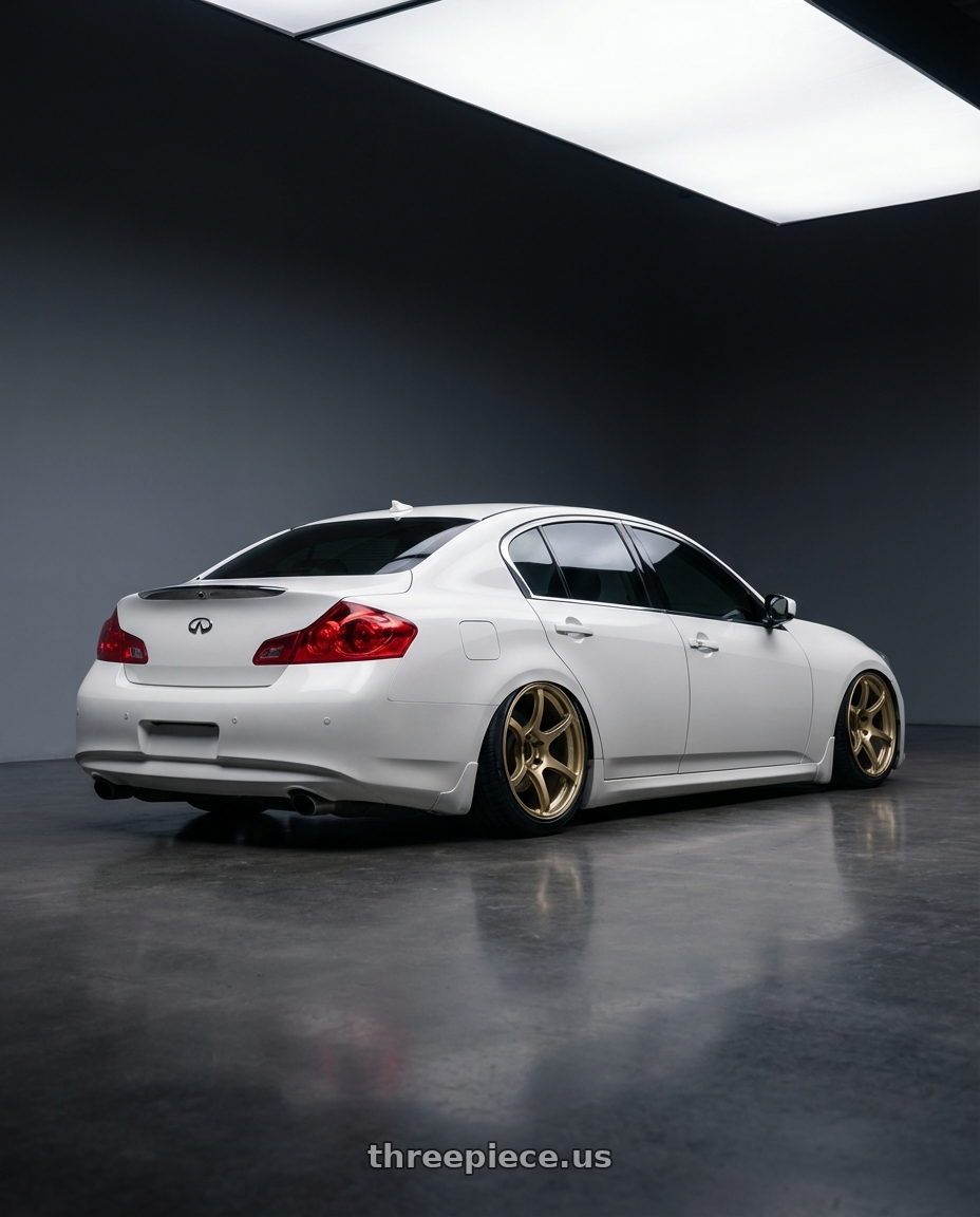 2012 Infiniti G37 with Advan RGIII 5x114.3 19x9.0+35 Gold wheels rear three quarter view slight stretch tires
