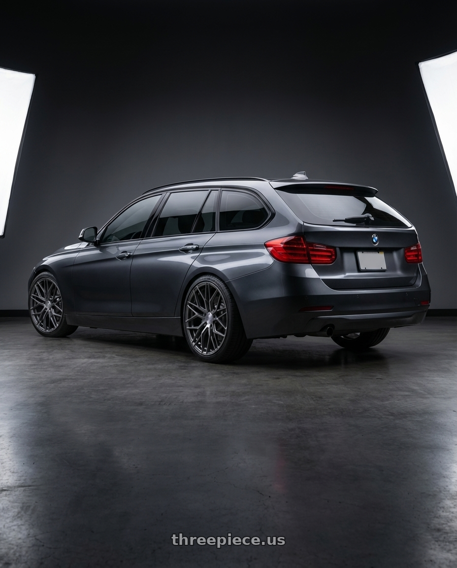 2016 BMW 3 Series F30 with Avant Garde Wheels M520R 5X120 19x8.5 +34 Dark Graphite Metallic wheels rear three quarter view square tires