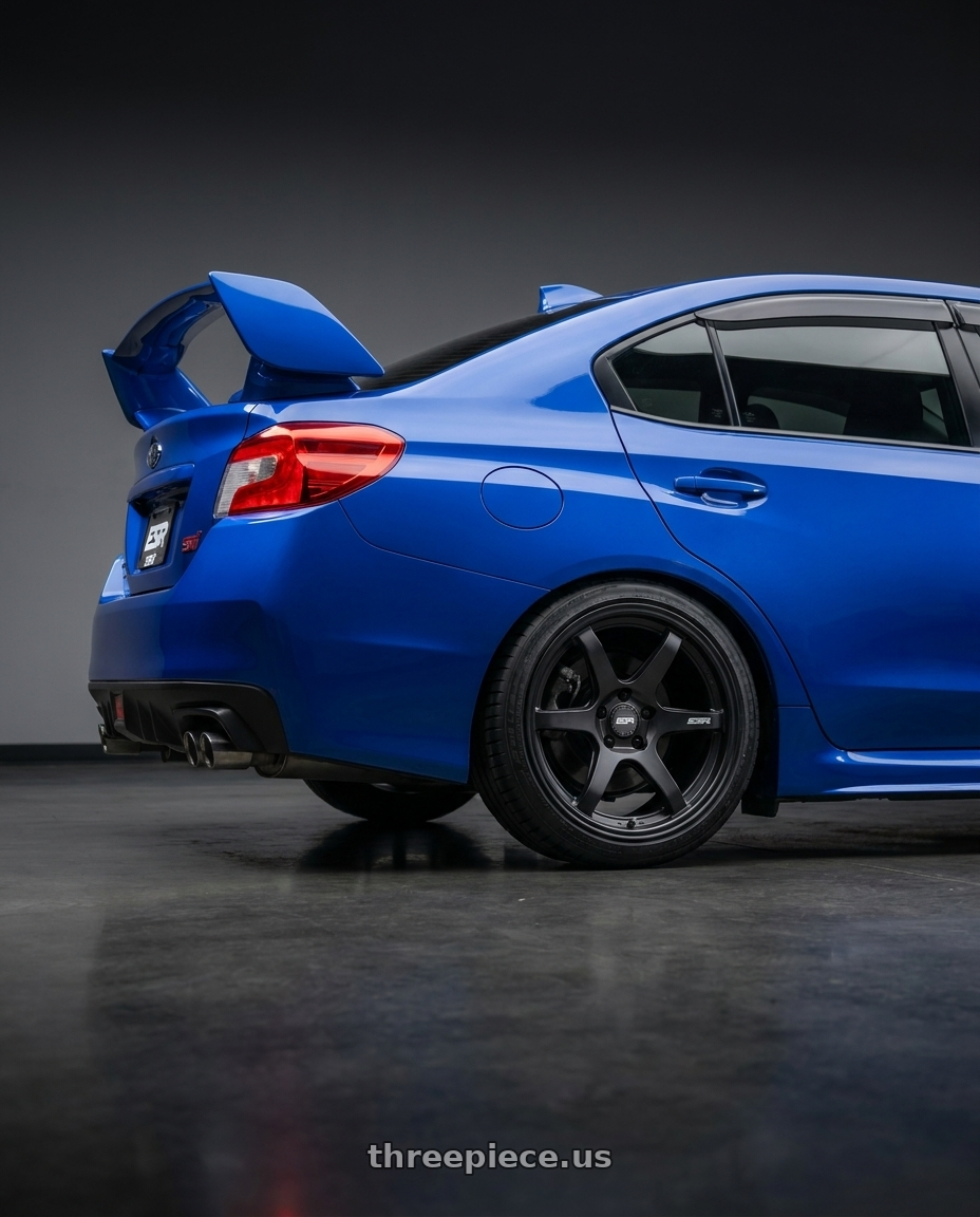 2018 Subaru WRX STI with ESR Wheels APEX SERIES AP6 5x114.3 18x9.5 +22 Matte Black wheels rear three quarter view square tires