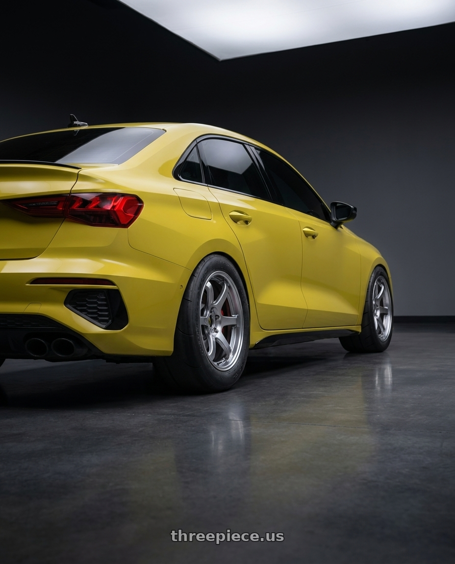 2023 Audi S3 with Ssr Reiner Type 6S 5x112 19X8.5 45 Normal Disk Titan Silver wheels rear three quarter view excessive tires