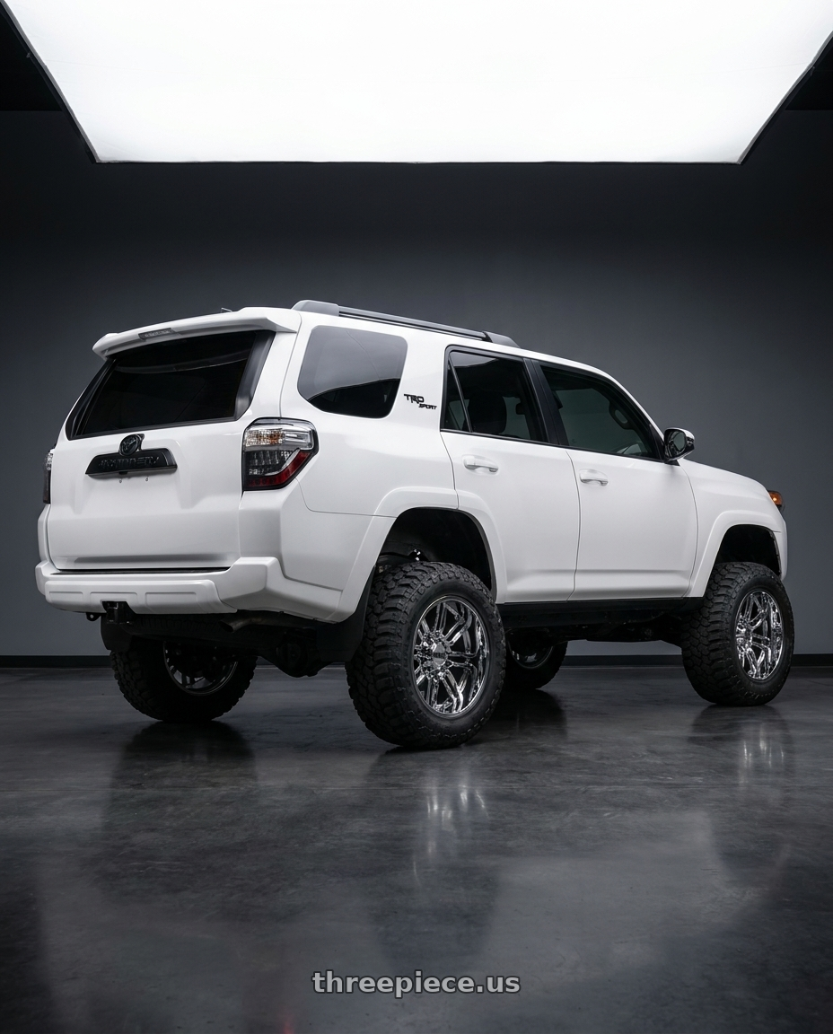 2022 Toyota 4Runner with Moto Metal MO202 6X139.7 20X10 -18 CHROME CENTER GLOSS BLACK MILLED LIP wheels rear three quarter view meaty tires