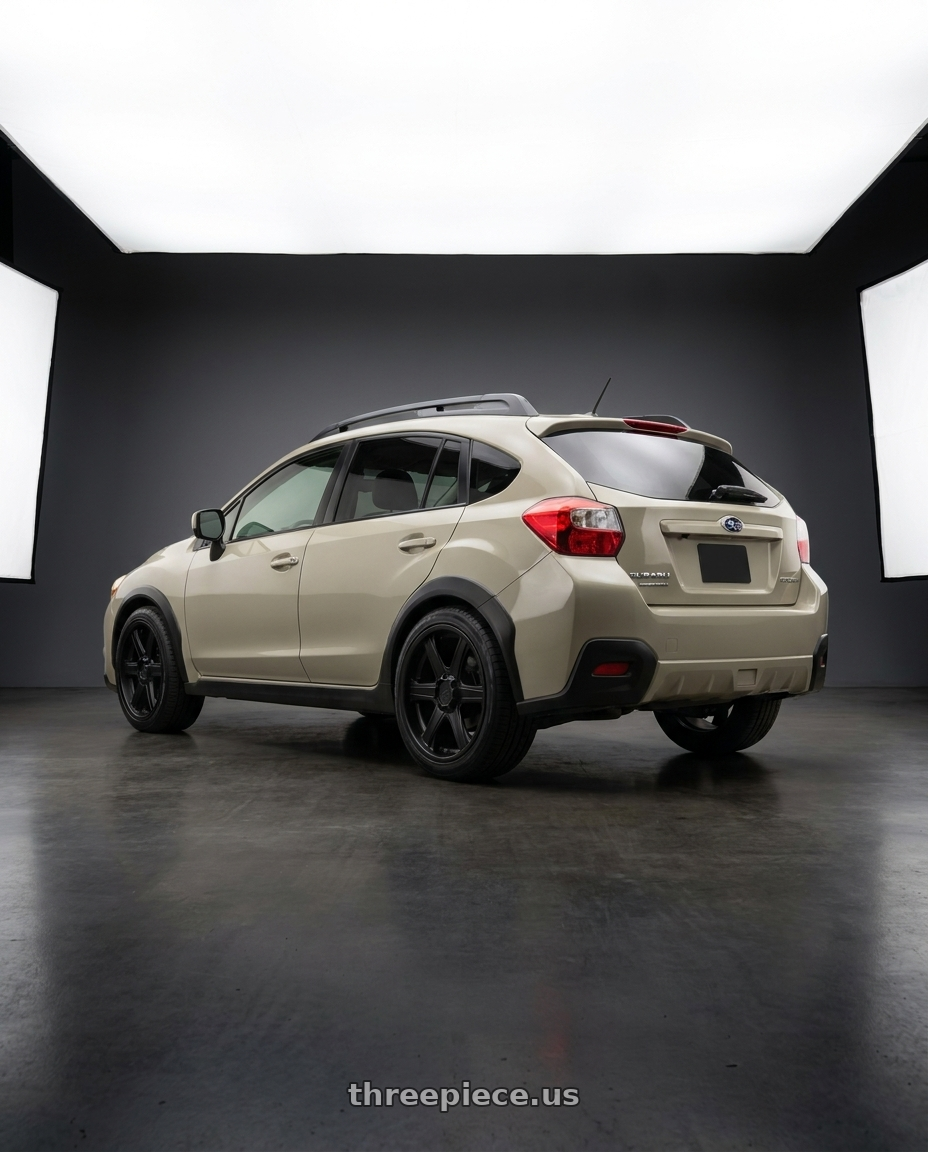 2014 Subaru Crosstrek with Enkei BHAWK 6x135 18x8.5+30 Black wheels rear three quarter view square tires