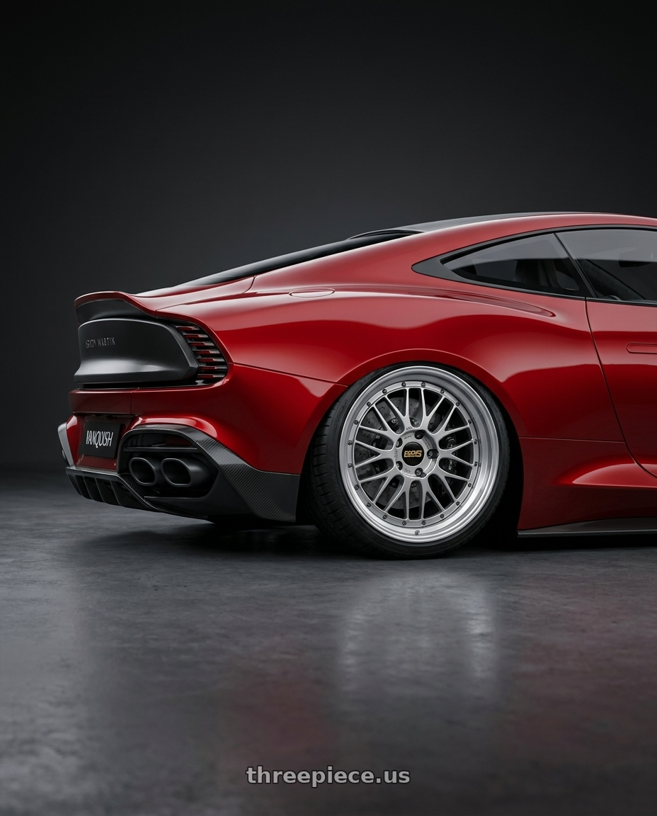 2025 Aston Martin Vanquish Red with BBS LM 5x114.3 17x7.5+38 Diamond Silver wheels rear three quarter view square tires