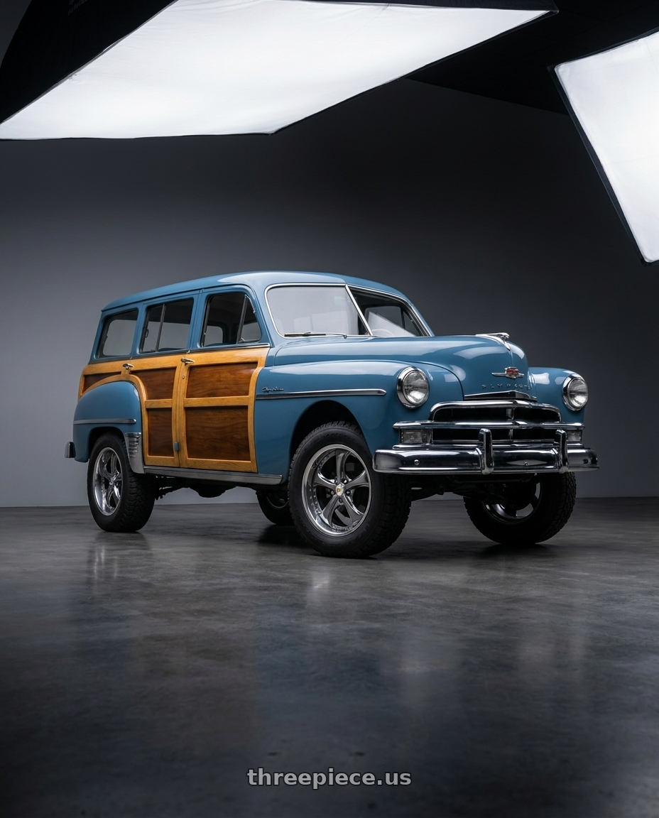 1950 Plymouth suburban with Work Wheels VS-KF 5X114.3 19x7.5+34 Brilliant Silver Black A Disk FULL REVERSE wheels