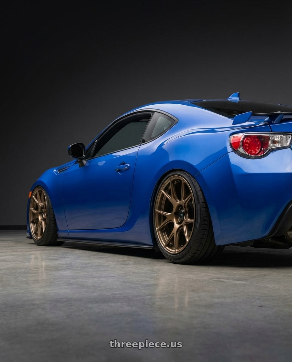 2017 Subaru BRZ with Konig Ampliform 5x100 18x8.5+44 Gloss Bronze wheels rear three quarter view slight stretch tires