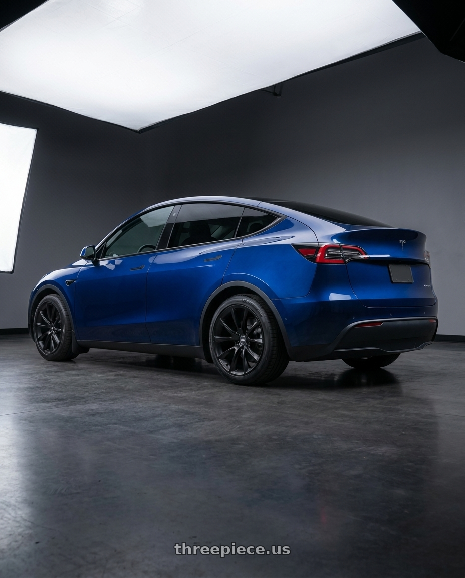 2023 Tesla Model Y with ESR Wheels FORGETECH SERIES RF2 5x100 18x9.5 +35 Matte Black wheels rear three quarter view square tires