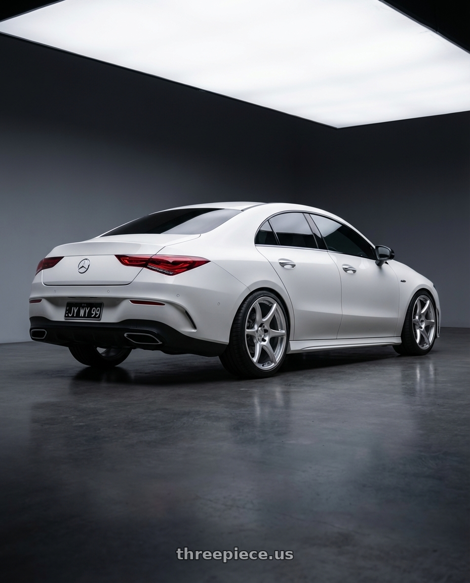 2023 Mercedes-Benz CLA C118 with Kansei K11S Tandem 5X112 19x9.5 22 Hyper Silver wheels rear three quarter view square tires