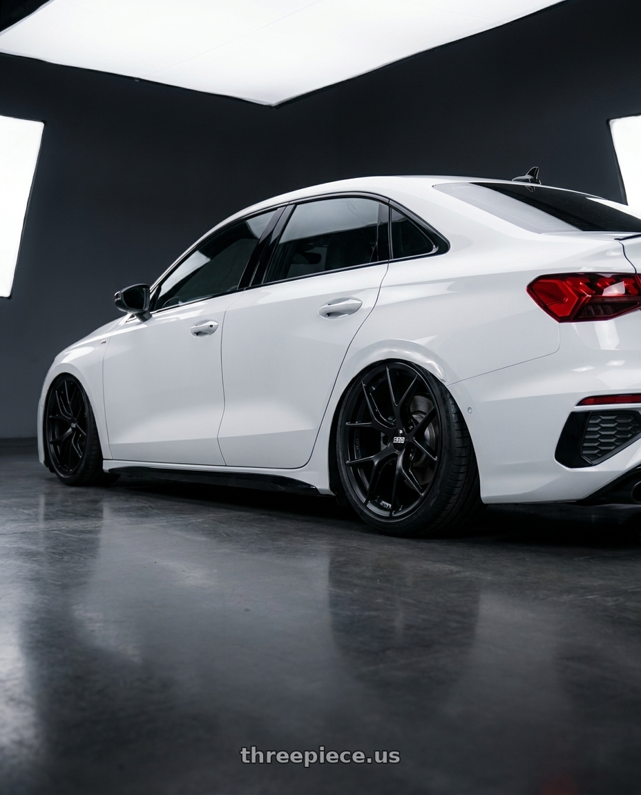 2024 Audi S3 8Y with BBS FI-R Evo 5x112 19x9.5+15 Satin Black wheels rear three quarter view slight stretch tires