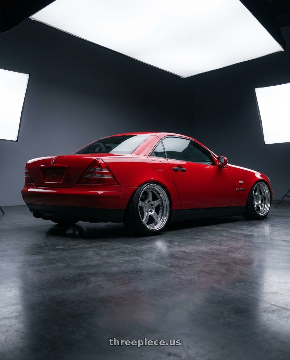 1998 Mercedes slk230 with Gram Lights 57DR 5x114.3 19x9.5 +25 GRACE SILVER wheels rear three quarter view slight stretch tires