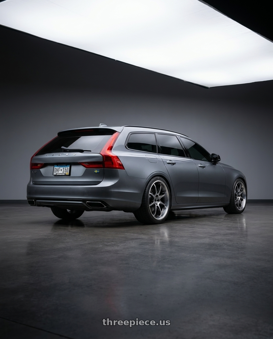 2019 Volvo v90 r-design with Work Emotion D9r 5x108 19x8.5 +30 Gt Silver Rim Cut wheels rear three quarter view square tires