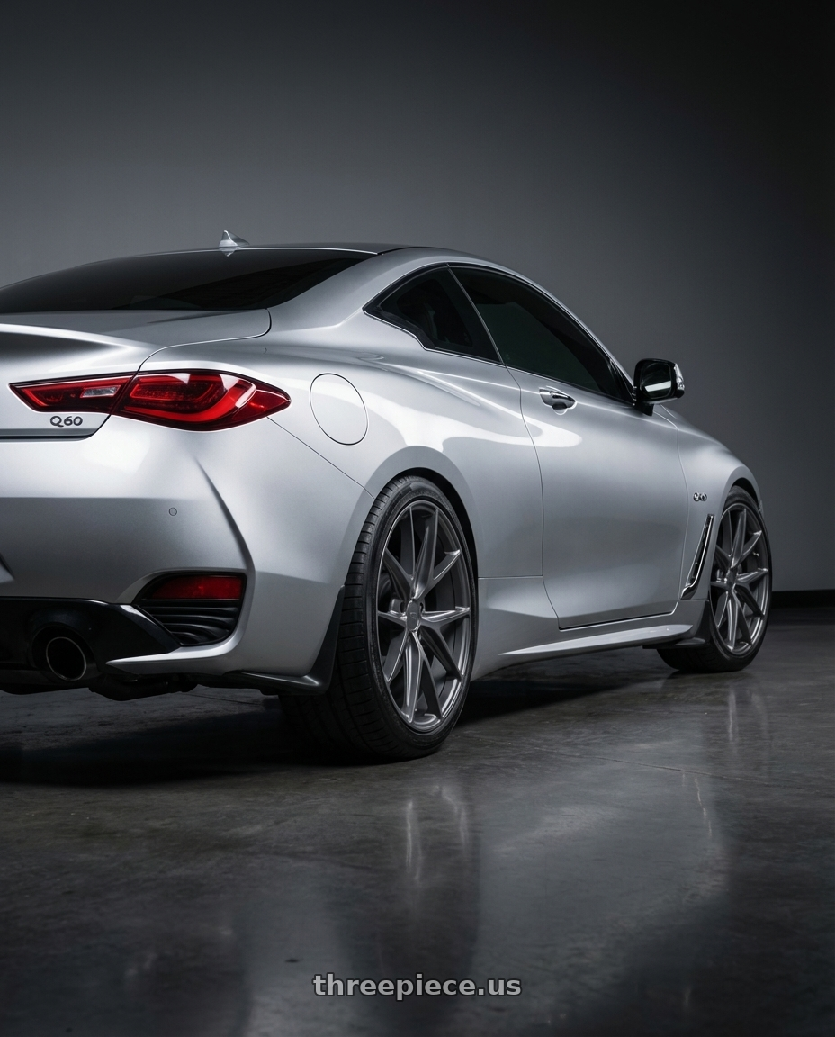 2020 Infiniti Q60 with Niche 1PC M116 MISANO 5X114.3 19X9.5 +35 MATTE GUN METAL wheels rear three quarter view square tires