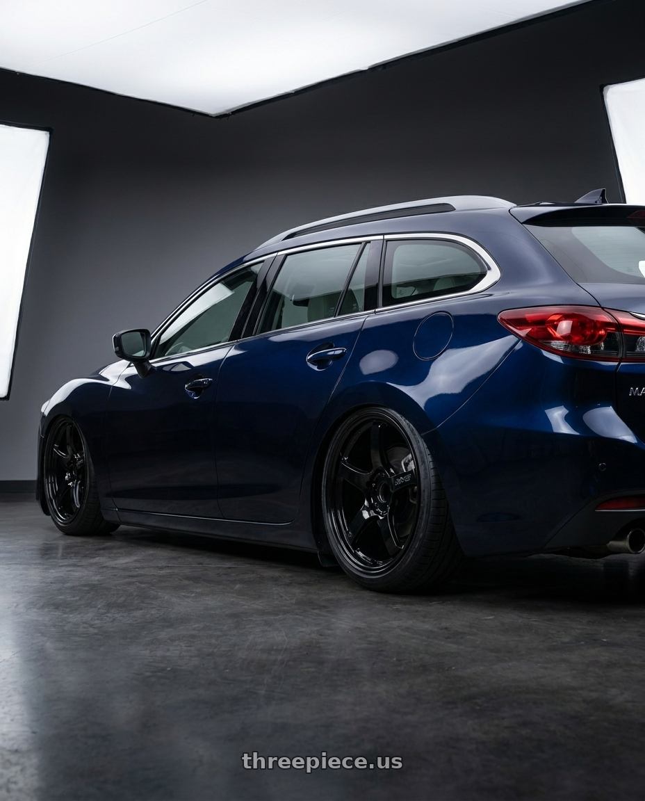 2020 Mazda 6 Wagon with Gram Lights 57CR 5x120 19x9.5+25 Glossy Black wheels rear three quarter view slight stretch tires