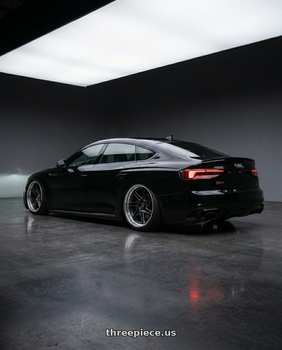 2018 Audi rs5 sports back  with WELD Performance Laguna 5x120 20x10.5 +38 Gloss Black/Milled Diamond Cut Lip wheels rear three quarter view extreme stretch tires