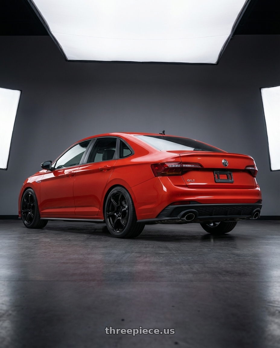 2023 Volkswagen Jetta GLI MK7 with Advan RGIII 5x112 18x8+50 Gloss Black wheels rear three quarter view square tires