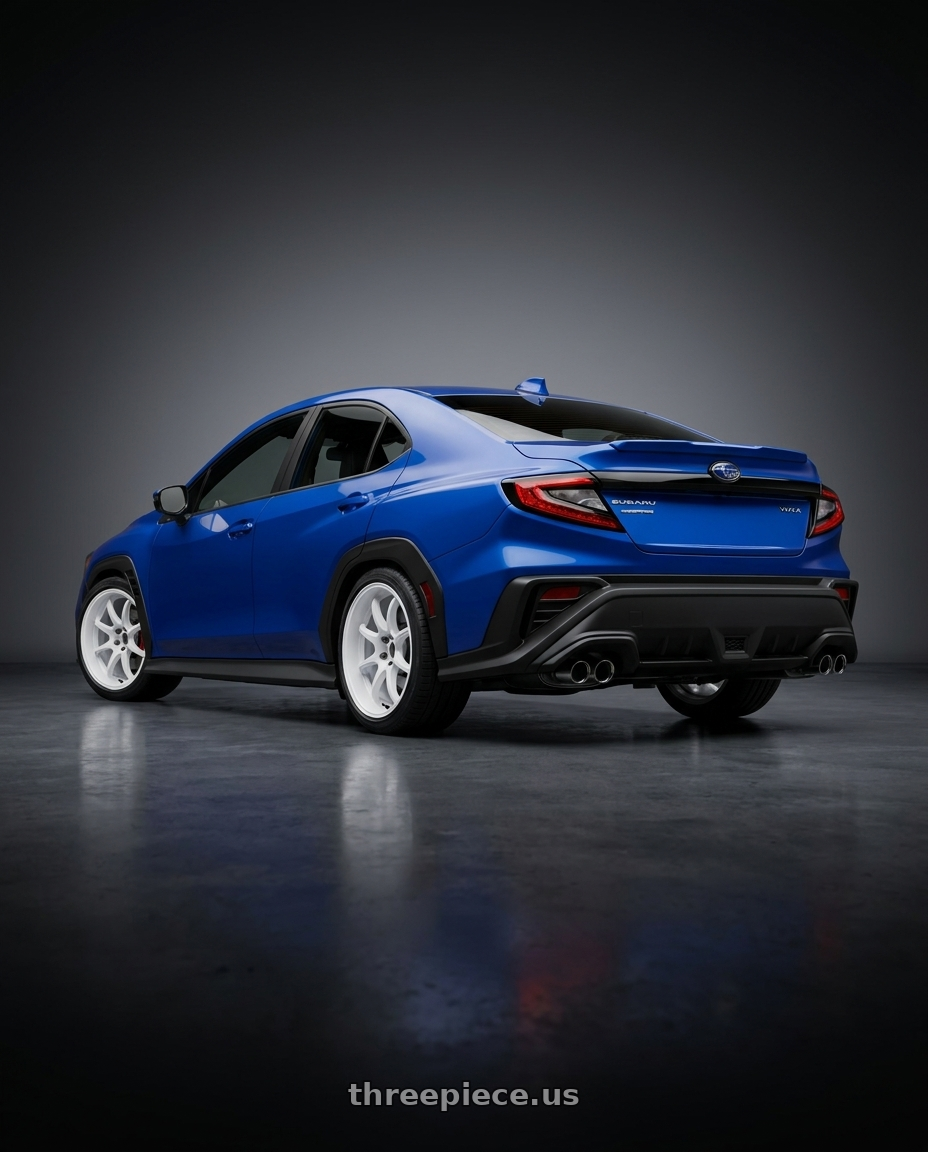 2024 Subaru WRX with Work Emotion D9r 5x114.3 19x8.5 +45 White wheels rear three quarter view square tires