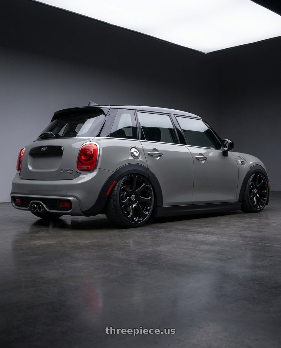 2013 Mini Cooper S with Heritage Wheel Kokoro MonoC 5X112 20x10+35 Black wheels rear three quarter view square tires