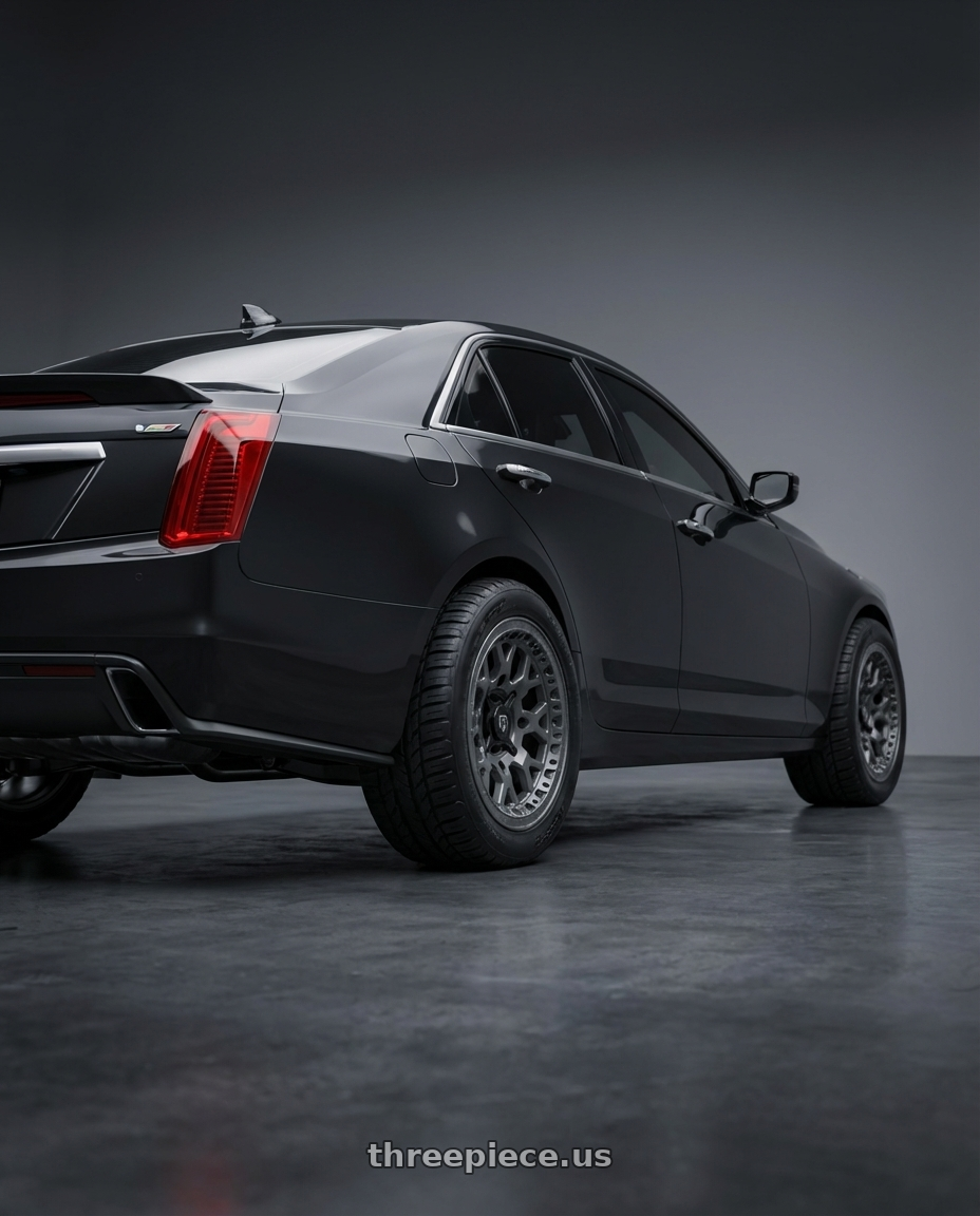 2018 Cadillac cts vsport with TIS UTV 558A 4X156 15x7 +10 Satin Anthracite wheels rear three quarter view meaty tires