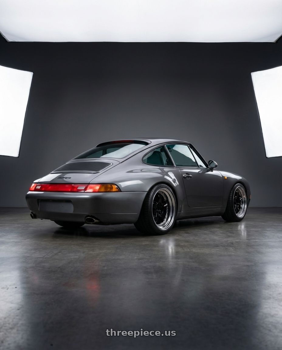 1994 Porsche 911 Carrera slate grey with Work Meister S1 3P 5x100 18x10+60 A Disk Black wheels rear three quarter view square tires
