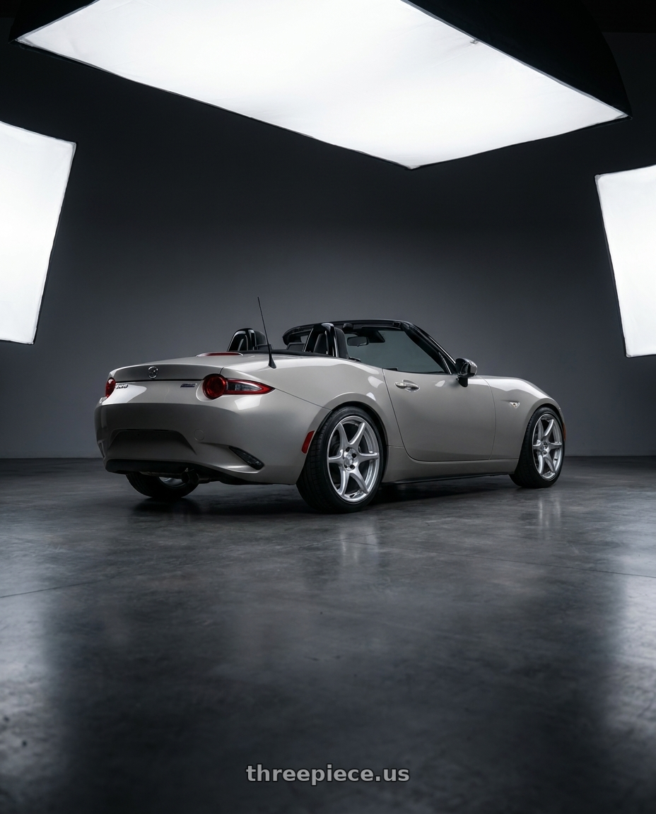 2021 Mazda MX-5 Miata ND with Kansei K11S Tandem 5x114.3 17x9 35 Hyper Silver wheels rear three quarter view square tires