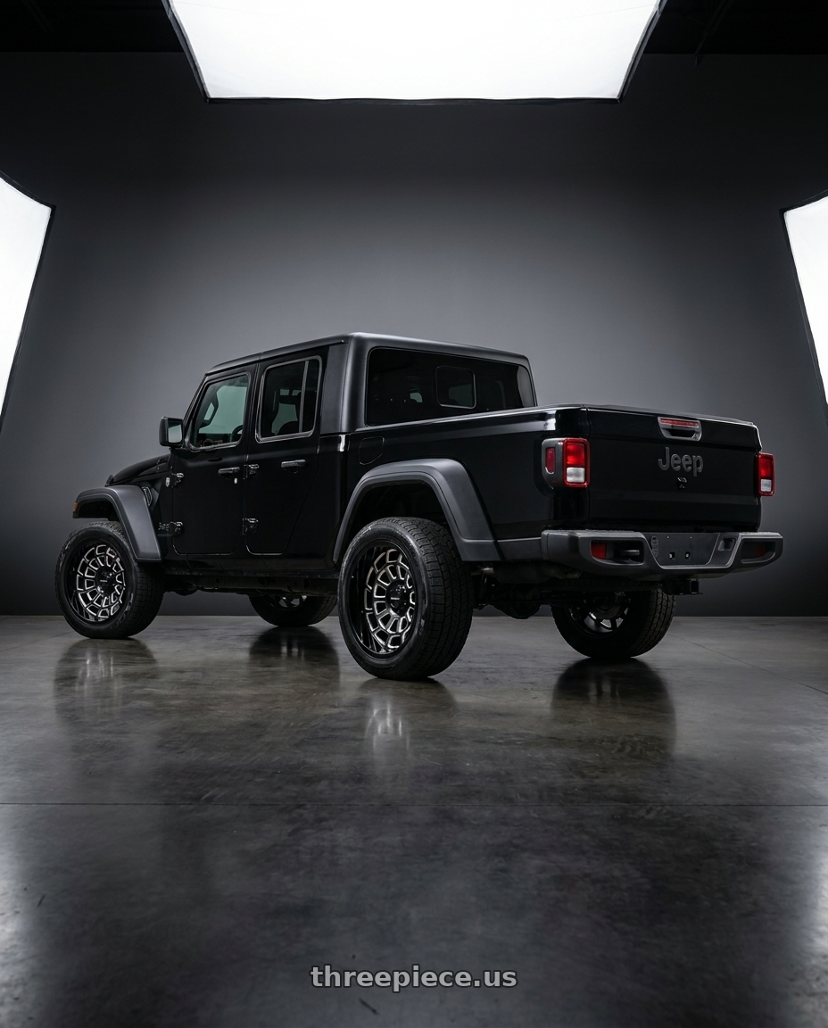 2021 jeep gladiator  with Raceline 955M Warp 5x127 22x12 -44 Satin Black and Milled wheels rear three quarter view square tires