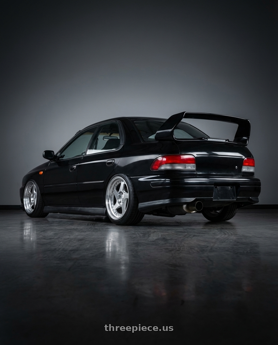 1998 Subaru Impreza GC8 with Aodhan AH01 5x100 / 5x114.3 17x9+25 Silver w/Machined Face wheels rear three quarter view slight stretch tires
