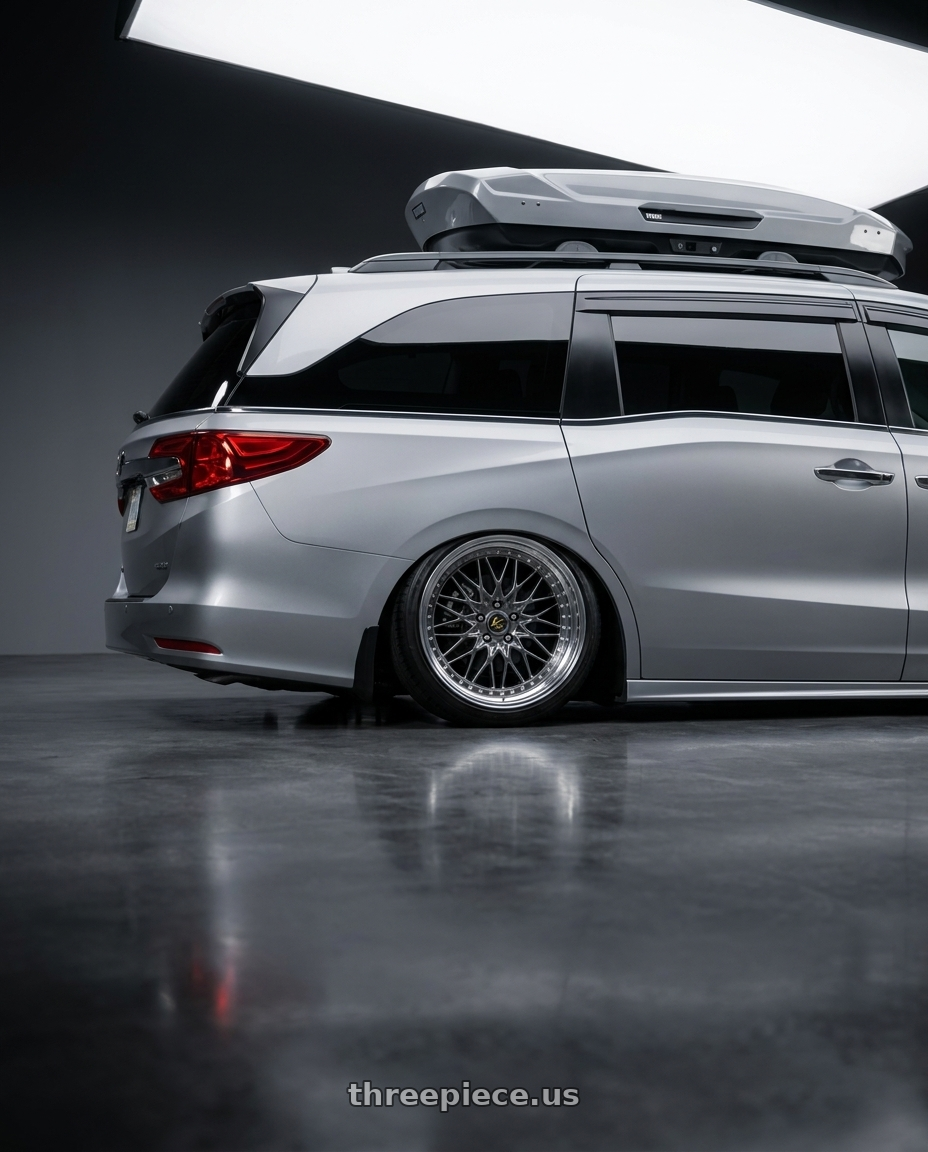 2024 Honda Odyssey with Work Vs-Xv 5x120 20x8+40 A Disk Brilliant Silver Black wheels rear three quarter view slight stretch tires