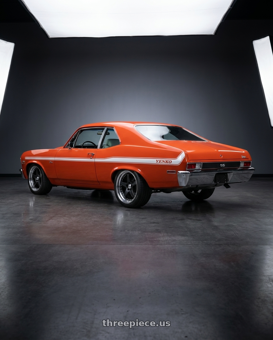 1972 Chevrolet Nova with SSR Professor SP4 5x120.65 20X8 11 NR Disk Flat Black wheels rear three quarter view square tires