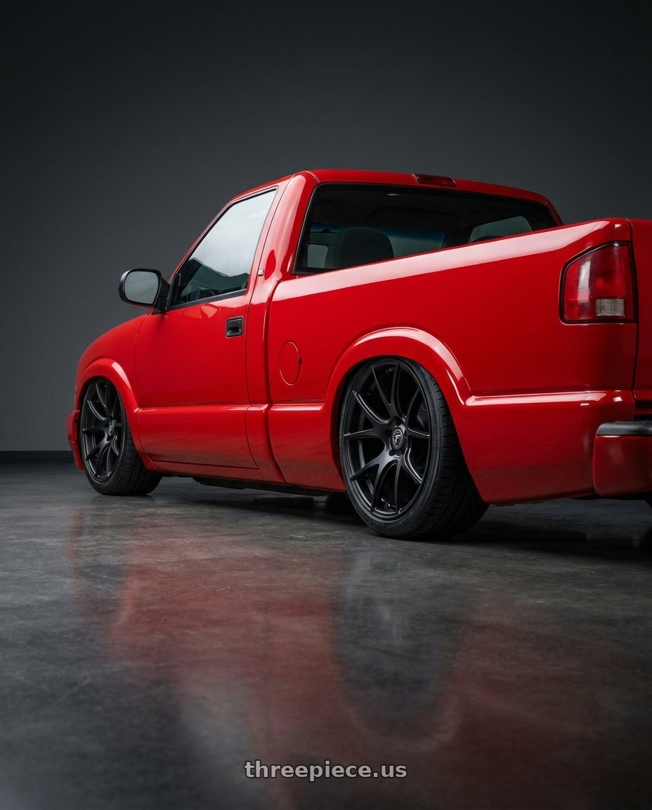 1998 Chevy S10 with Forgestar CF5V 5x120 19x9 +38 Satin Black wheels rear three quarter view slight stretch tires