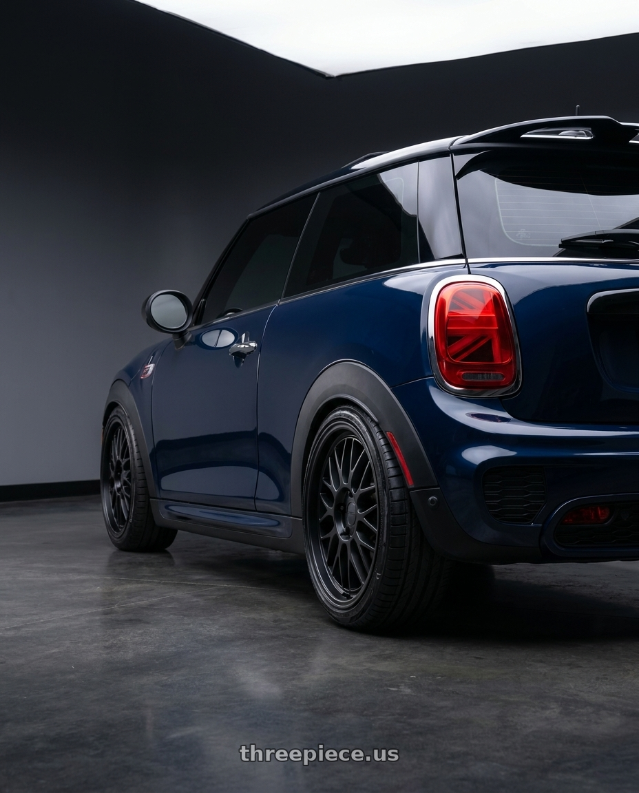 2019 Mini jcw with KATANA RACING KR06 5x112 18x8 +40 Matte Black wheels rear three quarter view slight stretch tires