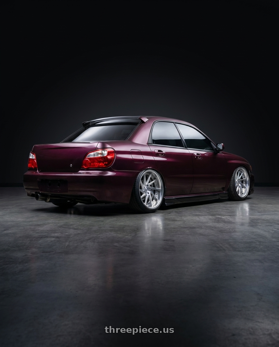 2002 Subaru impreza wrx plum with Work Gnosis Cvs 5x114.3 19x7.5+45 H Disk Brush Silver Clear wheels rear three quarter view slight stretch tires