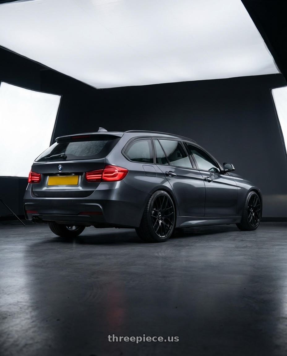2016 BMW 3 Series F30 with Avant Garde Wheels M359 5X120 19x9 +18 Matte Black wheels rear three quarter view square tires