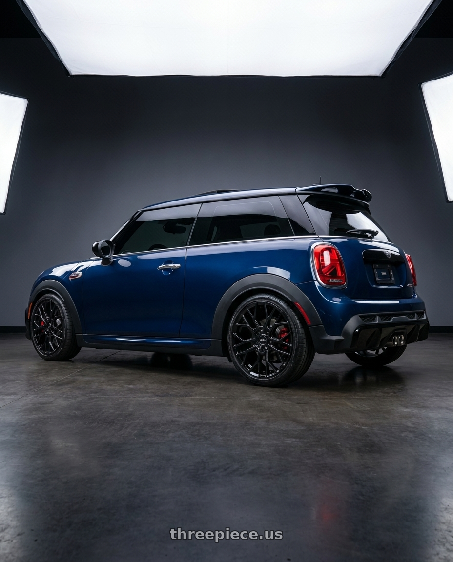 2019 Mini jcw with Motiv 441B 5X112/5x114.3 18x7.5 +40 GLOSS BLACK wheels rear three quarter view square tires