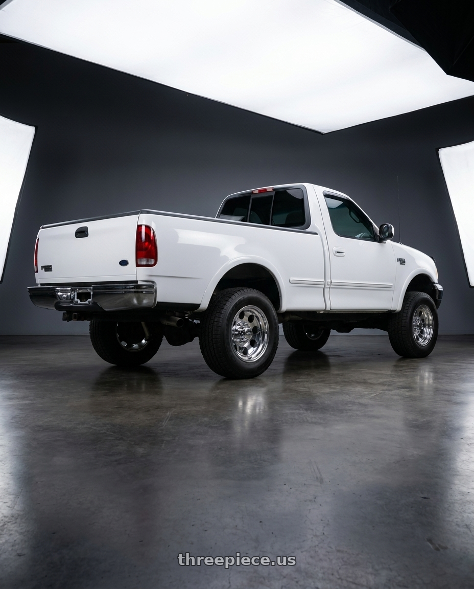 1997 ford f250 light duty  with Pacer 164P LT Mod Polished 7X150 16x8 -06 Polished wheels rear three quarter view square tires