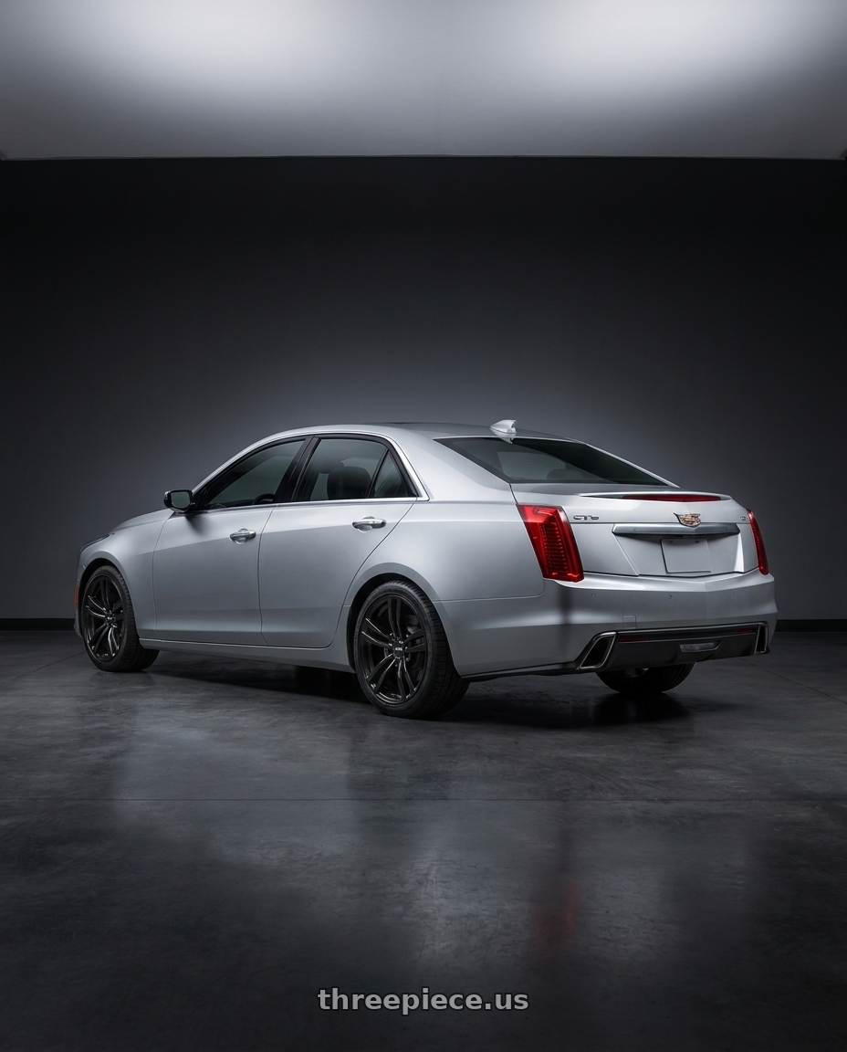 2019 Cadillac CTS with RTX Graz 5x120 19x8.5 +35 Satin Black wheels rear three quarter view square tires