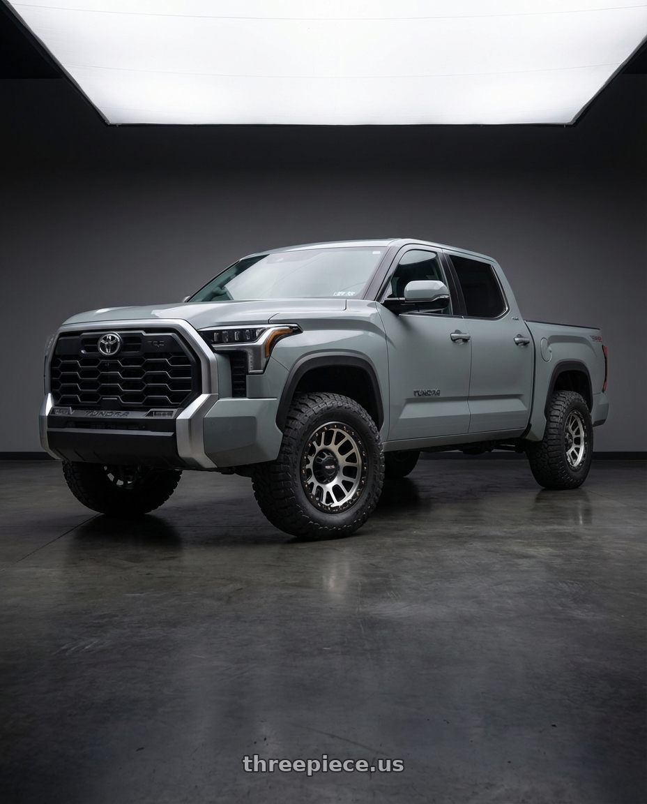 2024 Toyota Tundra with Vision Off-Road 111 Nemesis 6x139.7 20x9+10 Matte Black Machined Face wheels front three quarter view stock stance