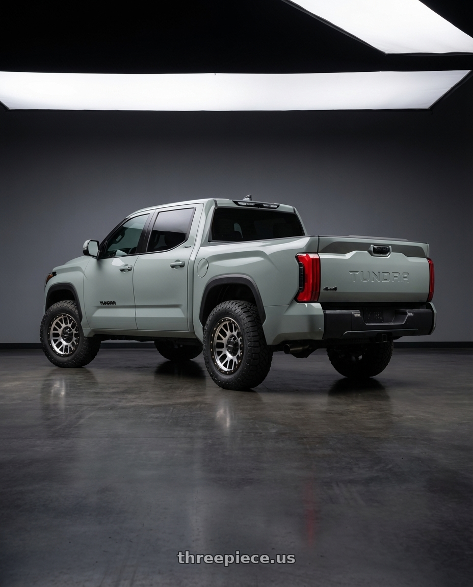 2024 Toyota Tundra with Vision Off-Road 111 Nemesis 6x139.7 20x9+10 Matte Black Machined Face wheels rear three quarter view meaty tires