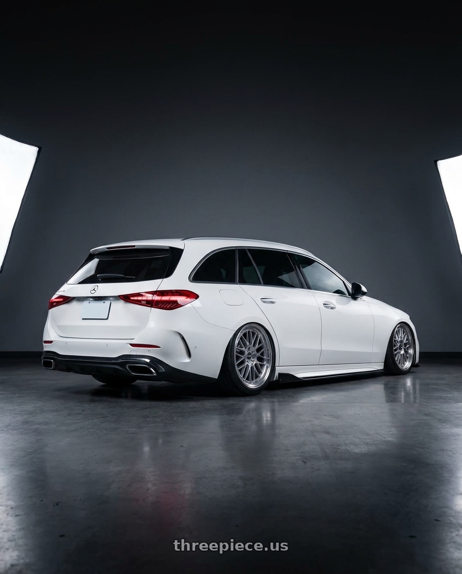 2024 Benz c300 ester with ESR Wheels FORGETECH SERIES RF11 5x112 20x10.5 +25 Hyper Silver wheels rear three quarter view meaty tires