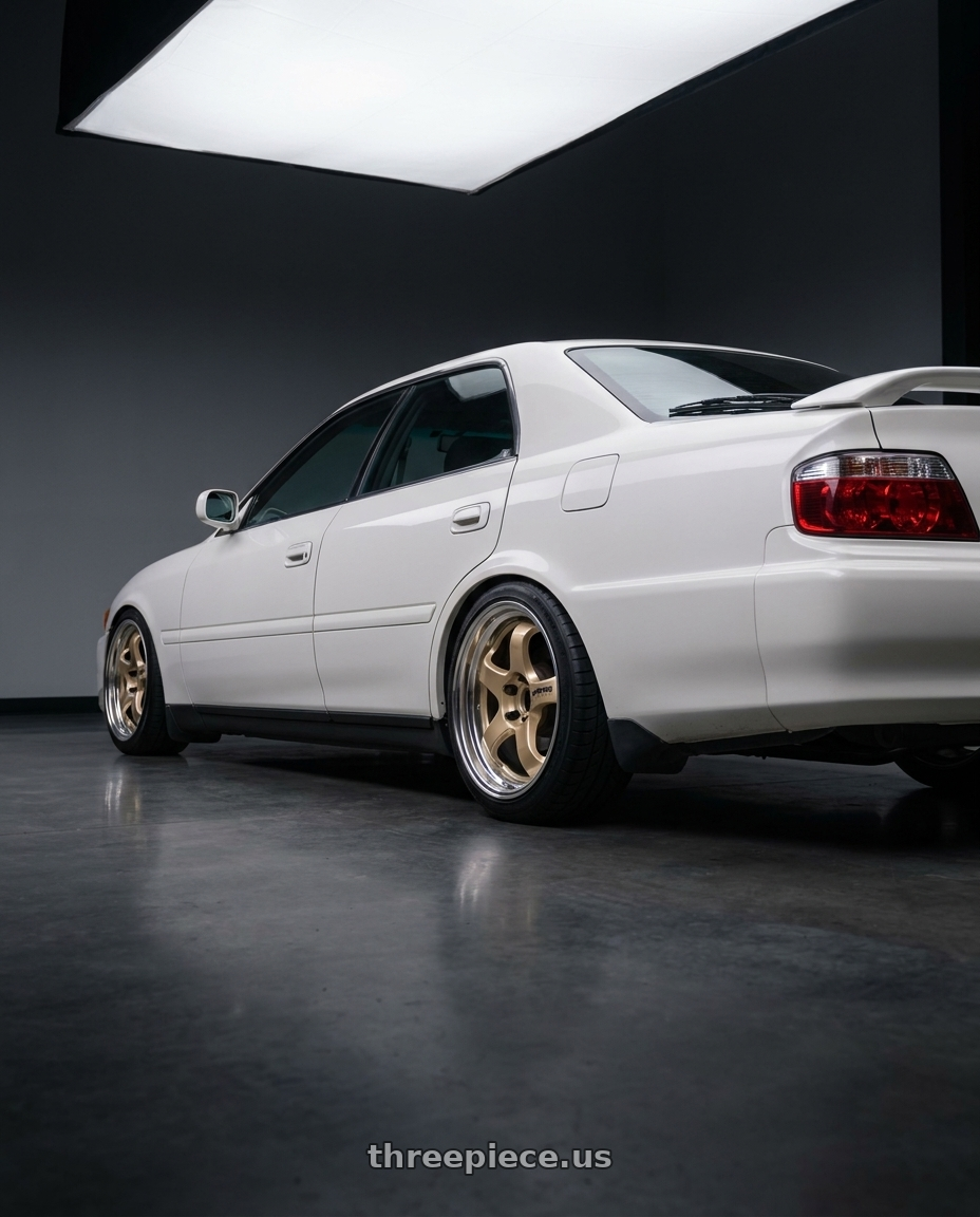1998 Toyota Chaser with Work Meister S1R 5x114.3 18x9.5+22 A Disk Bright Buff Finish wheels rear three quarter view square tires