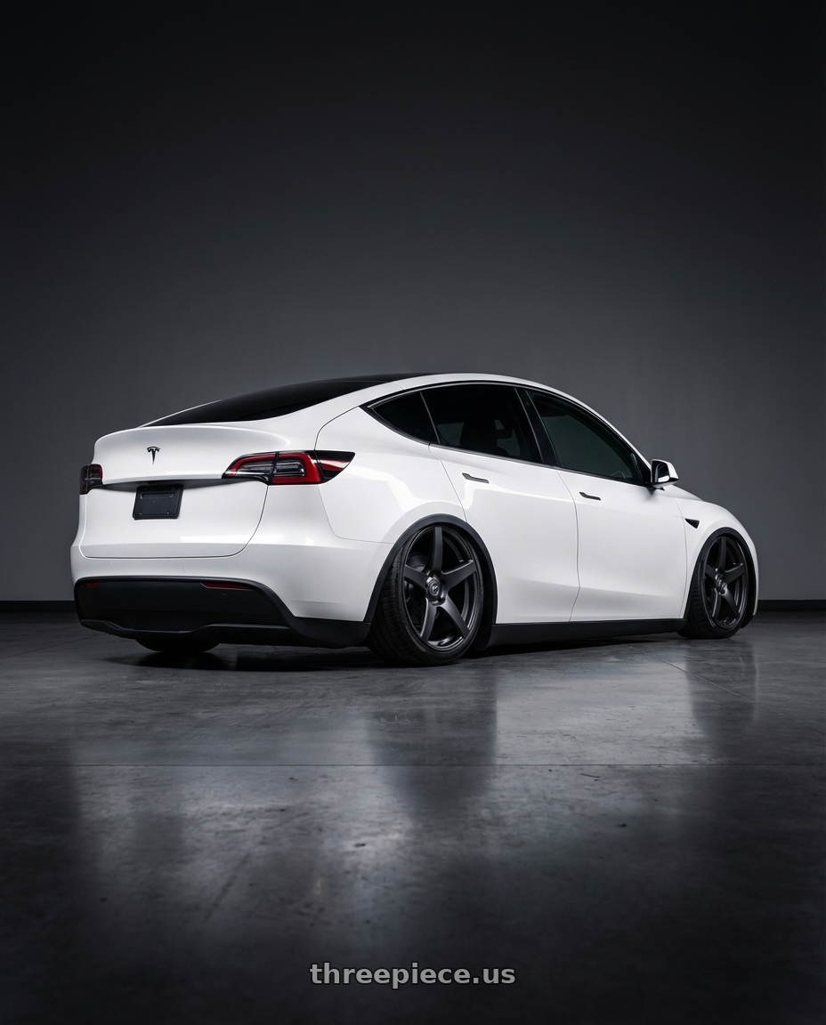 2024 Tesla Model Y with Forgestar CF5 5x114.3 20x9 +35 Satin Black wheels rear three quarter view slight stretch tires