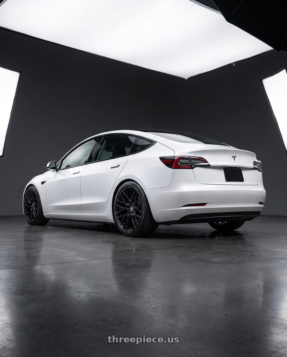 2022 Tesla 3 with ESR Wheels RF11 5x114.3 19x8.5 +30 Gloss Black wheels rear three quarter view square tires