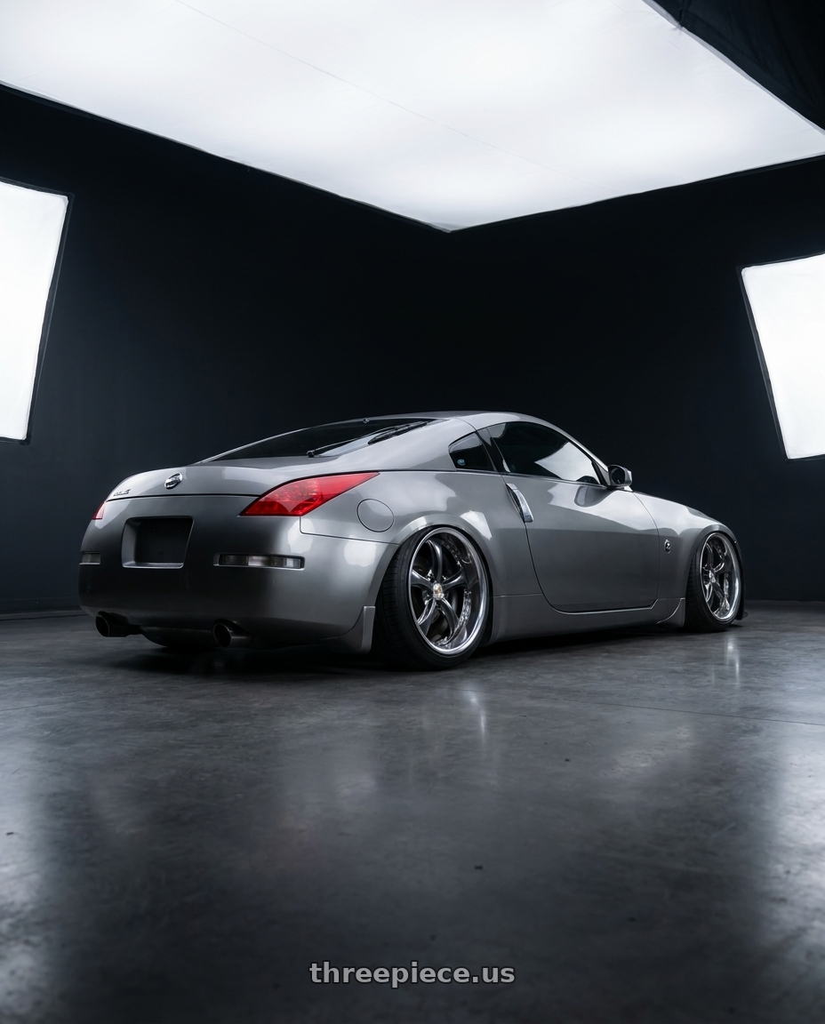 2007 Nissan 350z with Work Wheels VS-KF 5x114.3 18x10.5+2 Brilliant Silver Black O Disk FULL REVERSE wheels rear three quarter view slight stretch tires