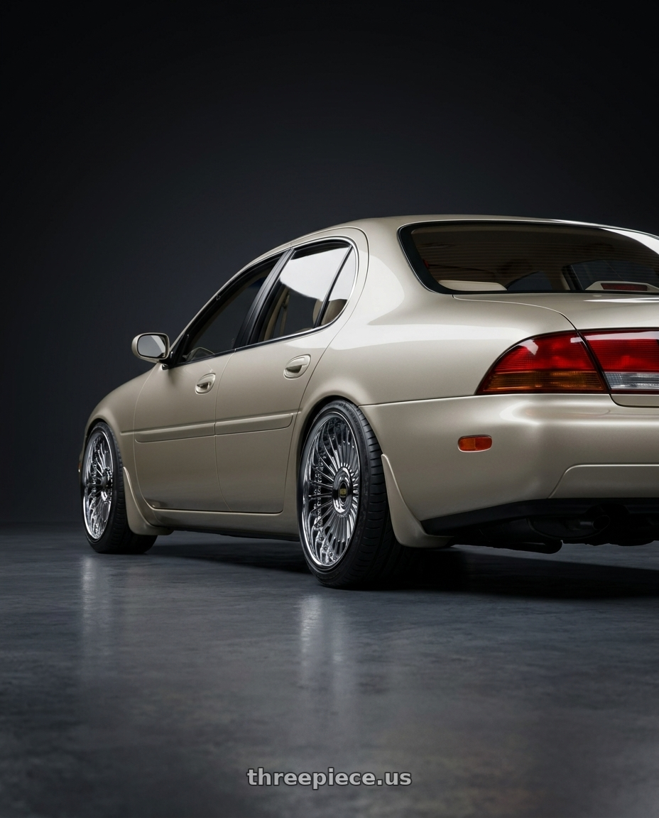  1992 Nissan Leopard J. Ferie with Work Emitz Black Polish 5x100 19x10.0 +38 wheels rear three quarter view slight stretch tires