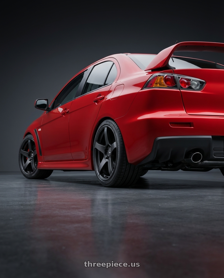 2012 Mitsubishi Lancer Evo X with Ssr Gtv01 5x114.3 18x8.5+40  FLAT BLACK wheels rear three quarter view square tires